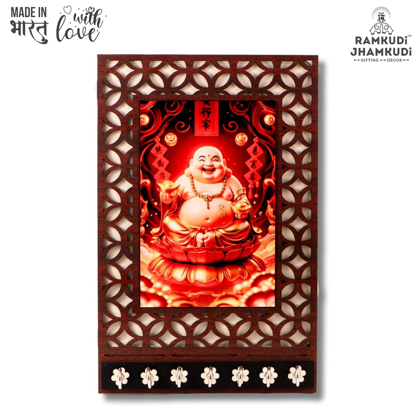Ramkudi Jhamkudi™ Premium Wooden Laughing Buddha Key Holder for Wall – 2 Layer MDF, 7 Stainless Steel Hooks, Unique Spiritual Design, Home Decor & Gifting – Made in India
