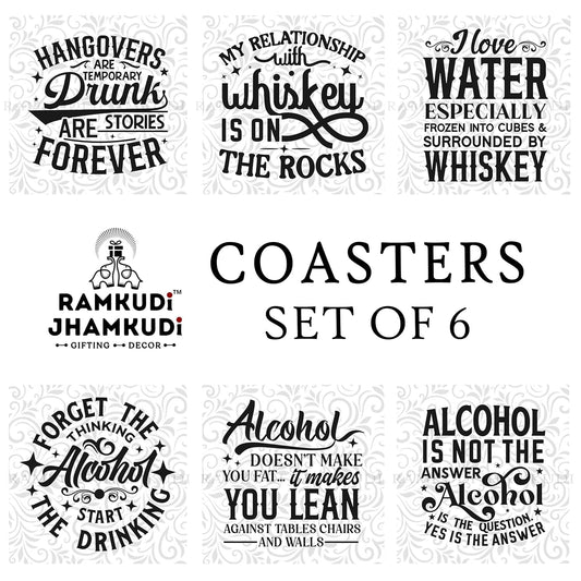 Ramkudi Jhamkudi Wooden Coasters Set of 6 with Classy Drinking Quotes – Printed Bar Coaster Set with Holder – Cocktail & Wine Lovers Gift, Eco-Friendly, Made in India