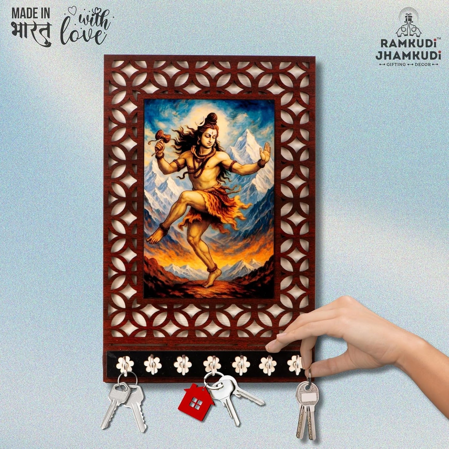 Ramkudi Jhamkudi™ Shiva Tandav Wooden Key Holder – 2 Layer Premium MDF, 7 SS Hooks – Powerful & Artistic Wall Décor – Made in India
