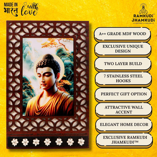 Ramkudi Jhamkudi™ Buddha Wooden Key Holder – Calm Meets Class – 2 Layer Premium MDF, 7 SS Hooks – Zen & Stylish Wall Décor – Made in India