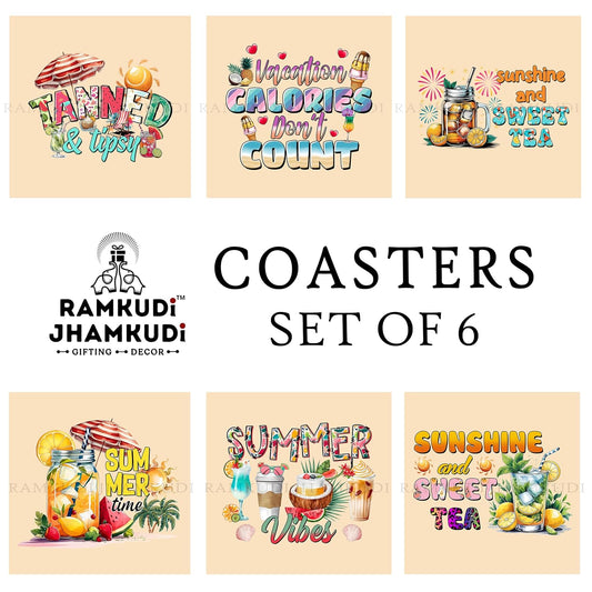 Wooden Coasters Set of 6 with Holder | Summer Beach Coasters for Tea Coffee | Tropical Drink Mats for Table | Eco-Friendly & Reusable | Made in India | Holiday & Vacation Decor Gift