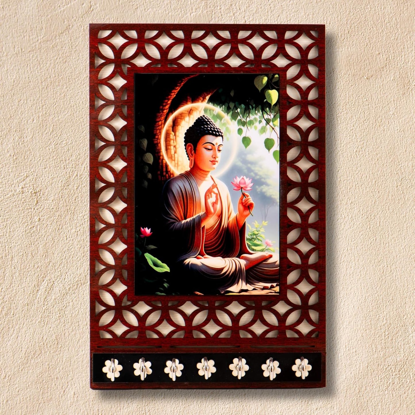 Ramkudi Jhamkudi™ Premium Wooden Buddha Key Holder for Wall – 2 Layer MDF, 7 Stainless Steel Hooks, Unique Indian Design, Home Decor & Gifting – Made in India