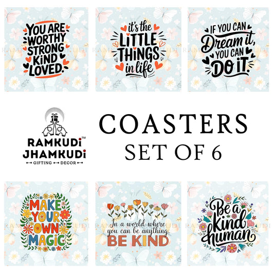 Wooden Coasters Set of 6 with Holder | Positive Motivational Quote Coasters for Tea Coffee | Inspiring Table Mats for Home & Office | Eco-Friendly | Made in India | Gift for Good Vibes