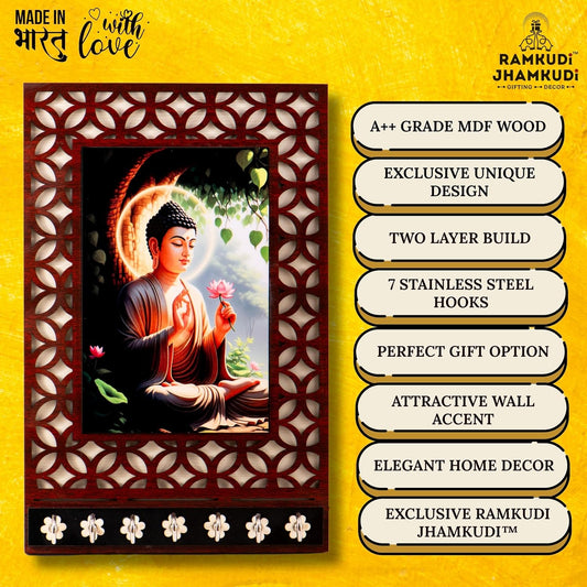Ramkudi Jhamkudi™ Premium Wooden Buddha Key Holder for Wall – 2 Layer MDF, 7 Stainless Steel Hooks, Unique Indian Design, Home Decor & Gifting – Made in India