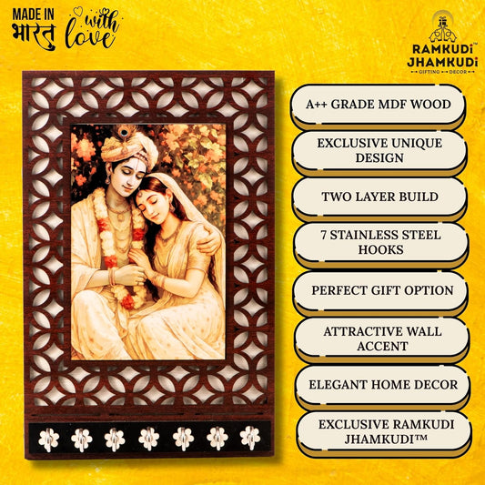 Ramkudi Jhamkudi™ Peaceful Radha Krishna Wooden Key Holder – 2 Layer Premium MDF, 7 SS Hooks – Elegant Spiritual Wall Décor – Made in India