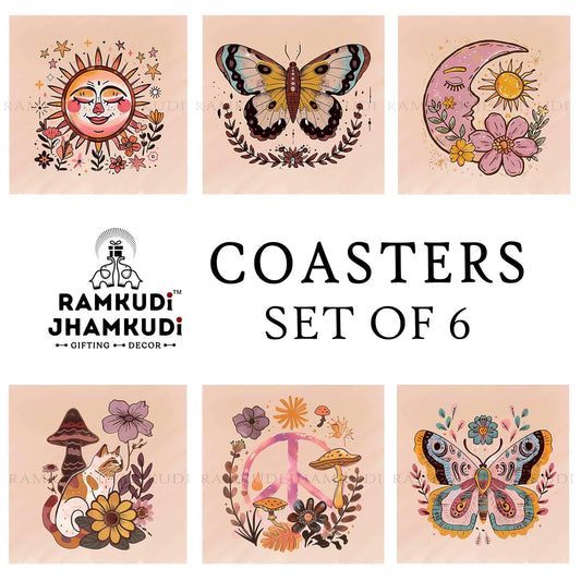 Wooden Coasters Set of 6 with Holder | Boho Style Positive Quote Coasters for Tea Coffee | Aesthetic Table Mats for Home & Office | Eco-Friendly | Made in India | Calm & Cheerful Gift Idea
