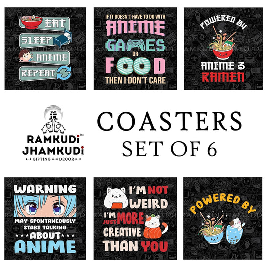 Ramkudi Jhamkudi Wooden Coasters Set of 6 with Anime Designs – Printed Coaster Set with Holder – Otaku Gift, Desk Decor, Eco-Friendly, Made in India
