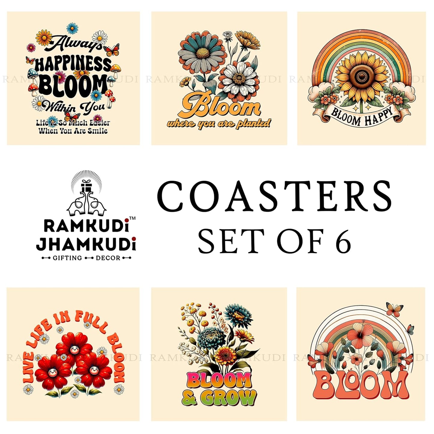Ramkudi Jhamkudi Wooden Coaster Set – Bloom Happy Quotes Design | Positive, Stylish & Aesthetic Table Decor | Great Gift for Home, Office, Coffee Table | Made in India