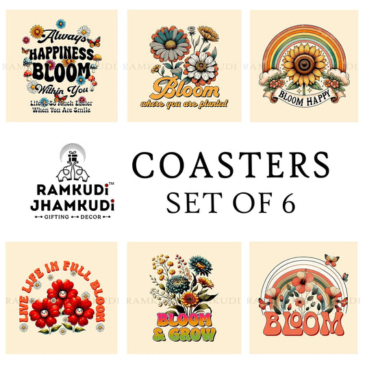 Ramkudi Jhamkudi Wooden Coaster Set – Bloom Happy Quotes Design | Positive, Stylish & Aesthetic Table Decor | Great Gift for Home, Office, Coffee Table | Made in India
