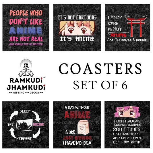 Ramkudi Jhamkudi Anime Wooden Coasters Set of 6 with Holder | Anime Quotes & Designs for Otakus | Stylish Drink Coasters for Tea Coffee | Home Desk Décor | Made in India Gift for Anime Fans
