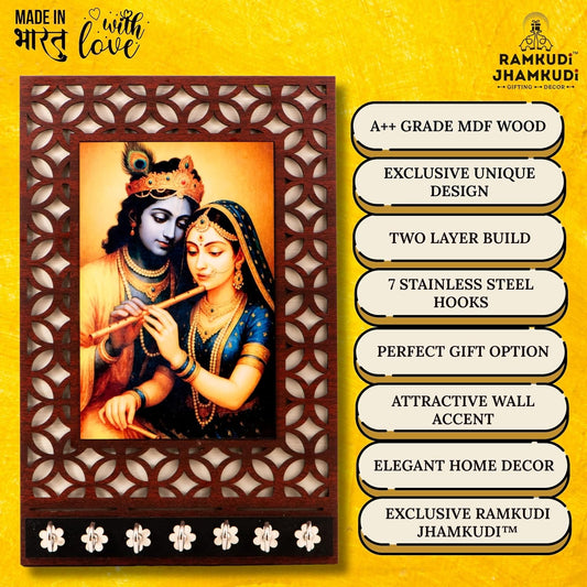 Ramkudi Jhamkudi™ Premium Wooden Radha Krishna Key Holder for Wall – 2 Layer MDF, 7 Stainless Steel Hooks, Unique Indian Design, Home Decor & Gifting – Made in India