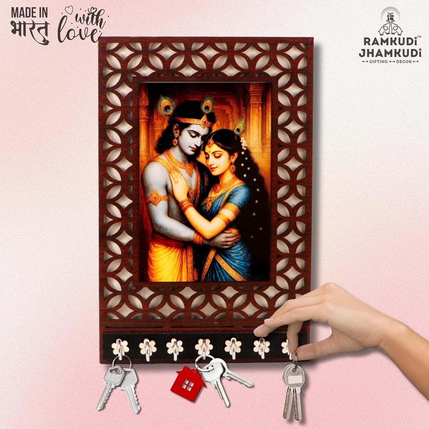 Ramkudi Jhamkudi™ Radha Krishna Wooden Key Holder – 2 Layer Premium MDF, 7 SS Hooks – Divine & Romantic Wall Décor – Made in India