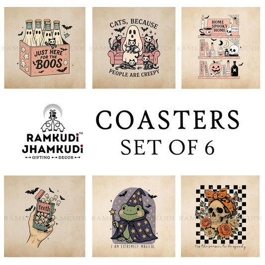 Wooden Coasters Set of 6 with Holder | Spooky Gothic Coasters for Tea Coffee | Dark Aesthetic Drink Mats for Desk, Bar & Home Decor | Eco-Friendly | Made in India | Horror Gift Idea