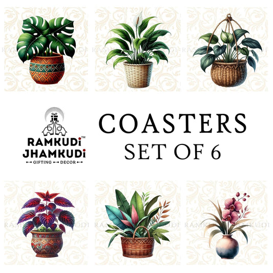 Ramkudi Jhamkudi Wooden Coasters Set of 6 with Holder | Botanical Plant Design Coasters for Tea Coffee Drinks | Eco-Friendly Table Mats | Home Office Décor | Made in India Gift Set