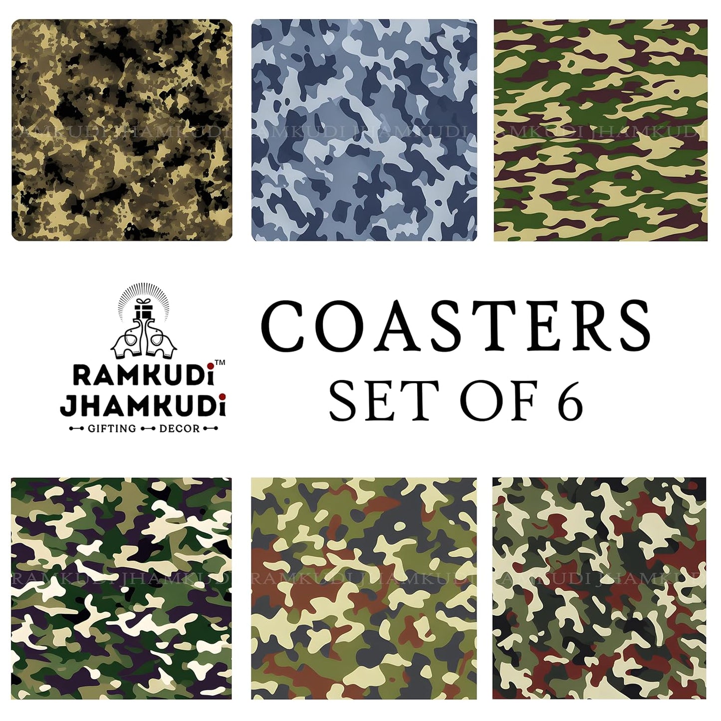 Wooden Coasters Set of 6 with Holder | Camo-Themed Coasters for Wildlife Photographers & Filmmakers | Rugged Eco-Friendly Drink Mats | Made in India | Adventure Decor Gift for Nature & Outdoor Lovers