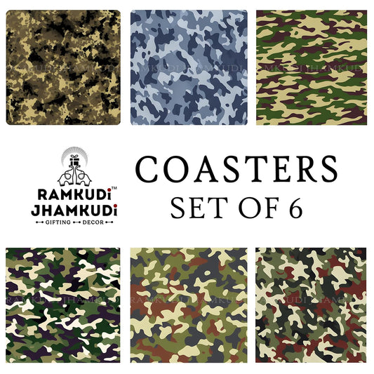 Wooden Coasters Set of 6 with Holder | Camo-Themed Coasters for Wildlife Photographers & Filmmakers | Rugged Eco-Friendly Drink Mats | Made in India | Adventure Decor Gift for Nature & Outdoor Lovers
