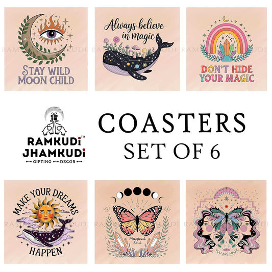 Wooden Coasters Set of 6 with Holder | Boho Style Aesthetic Coasters for Tea Coffee | Calm & Minimal Table Mats for Home & Office | Eco-Friendly | Made in India | Peaceful Gift for Mindful Living