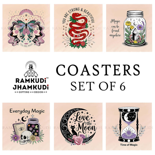 Wooden Coasters Set of 6 with Holder | Boho Style Coasters with Deep Positive Quotes | Mystical Tea Coffee Mats for Soulful Decor | Eco-Friendly | Made in India | Gift for Mindful & Spiritual Homes