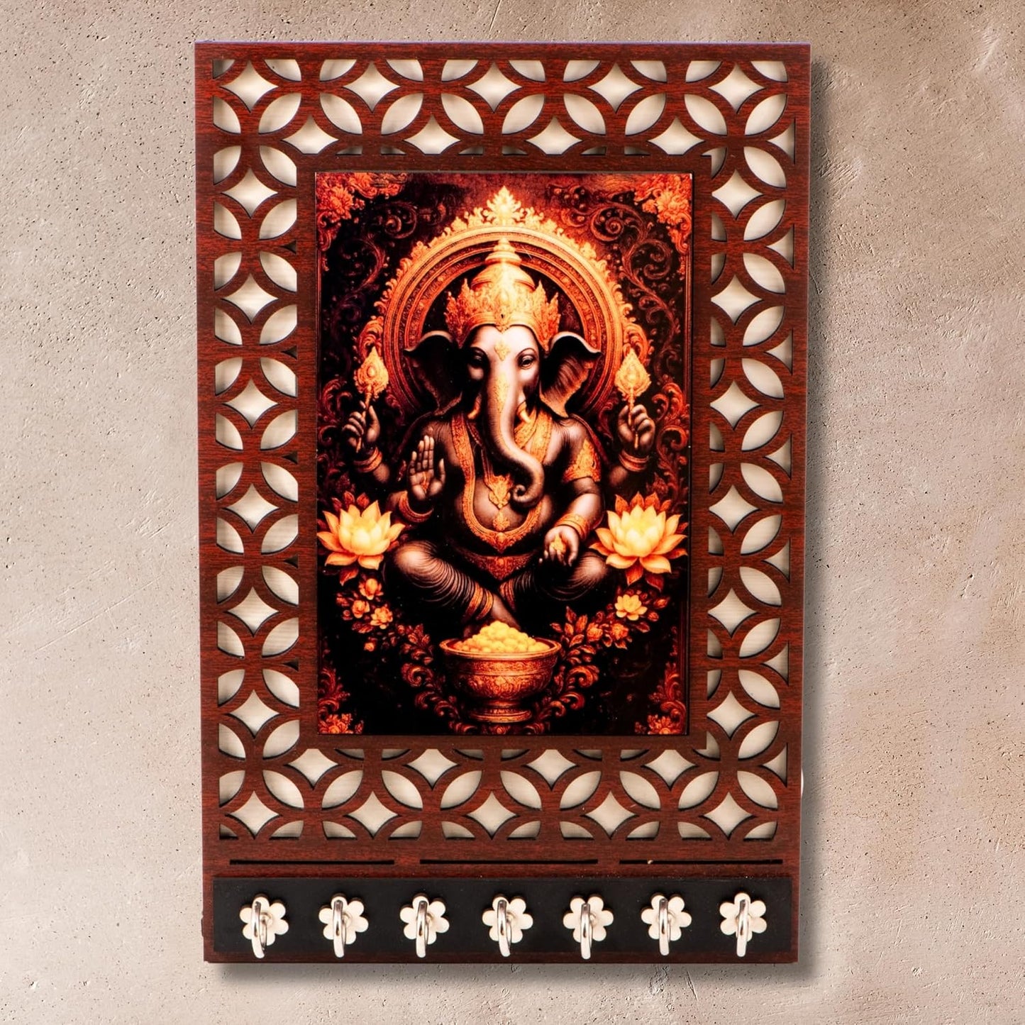 Ramkudi Jhamkudi™ Premium Wooden Lord Ganesha Key Holder for Wall – 2 Layer MDF, 7 Stainless Steel Hooks, Unique Indian Design, Home Decor & Gifting – Made in India