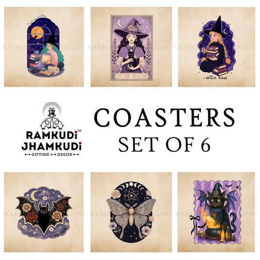 Ramkudi Jhamkudi Wooden Coasters Set of 6 with Spooky Designs – Gothic Printed Coaster Set with Holder – Halloween & Dark Aesthetic Home Decor – Eco-Friendly, Made in India