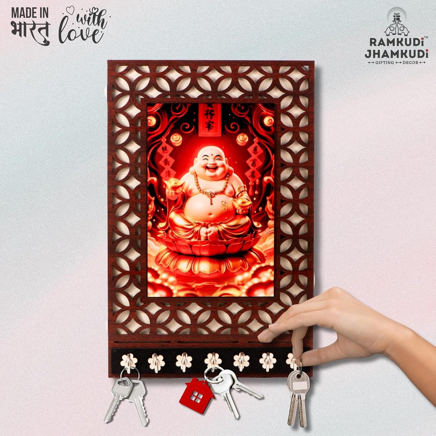 Ramkudi Jhamkudi™ Premium Wooden Laughing Buddha Key Holder for Wall – 2 Layer MDF, 7 Stainless Steel Hooks, Unique Spiritual Design, Home Decor & Gifting – Made in India
