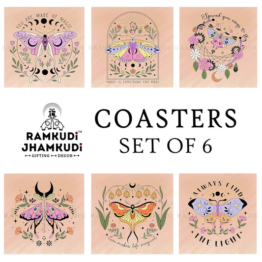 Wooden Coasters Set of 6 with Holder | Boho Style Table Coasters for Tea Coffee | Aesthetic Home Décor Drink Mats | Eco-Friendly & Reusable | Made in India for All Occasions