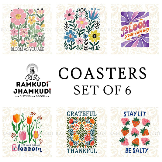 Ramkudi Jhamkudi Wooden Coasters Set of 6 – Floral Style with Positive Quotes & Coaster Holder | Eco-Friendly Aesthetic Table Decor | Great Gift for Home, Office | Made in India