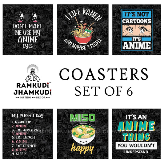 Ramkudi Jhamkudi Wooden Coasters Set of 6 for Anime Lovers – Printed with Iconic Anime Quotes & Designs – Eco-Friendly, Made in India – Otaku Gift, Desk & Room Decor with Holder