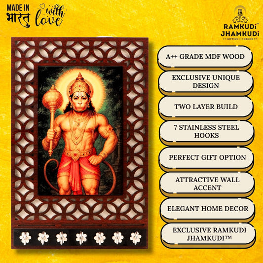 Ramkudi Jhamkudi™ Premium Wooden Lord Hanuman Key Holder for Wall – 2 Layer MDF, 7 Stainless Steel Hooks, Unique Indian Design, Home Decor & Gifting – Made in India
