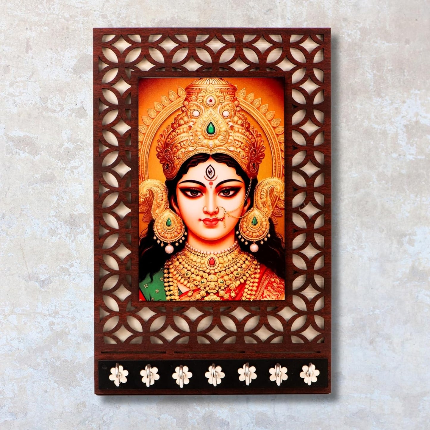 Ramkudi Jhamkudi™ Premium Wooden Maa Durga Face Key Holder for Wall – 2 Layer MDF, 7 Stainless Steel Hooks, Unique Indian Design, Home Decor & Gifting – Made in India