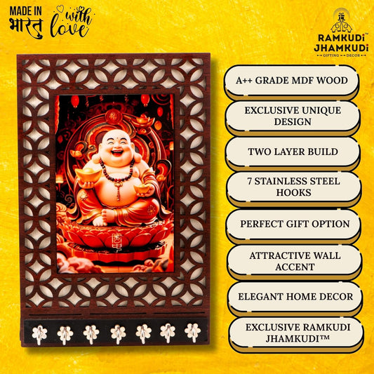 Ramkudi Jhamkudi™ Laughing Buddha Wooden Key Holder – Premium 2 Layer MDF, 7 SS Hooks – Positive Energy Wall Décor & Gifting – Made in India