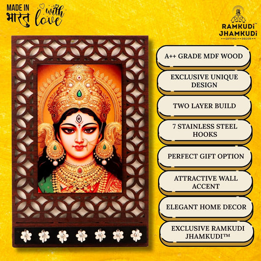 Ramkudi Jhamkudi™ Premium Wooden Maa Durga Face Key Holder for Wall – 2 Layer MDF, 7 Stainless Steel Hooks, Unique Indian Design, Home Decor & Gifting – Made in India