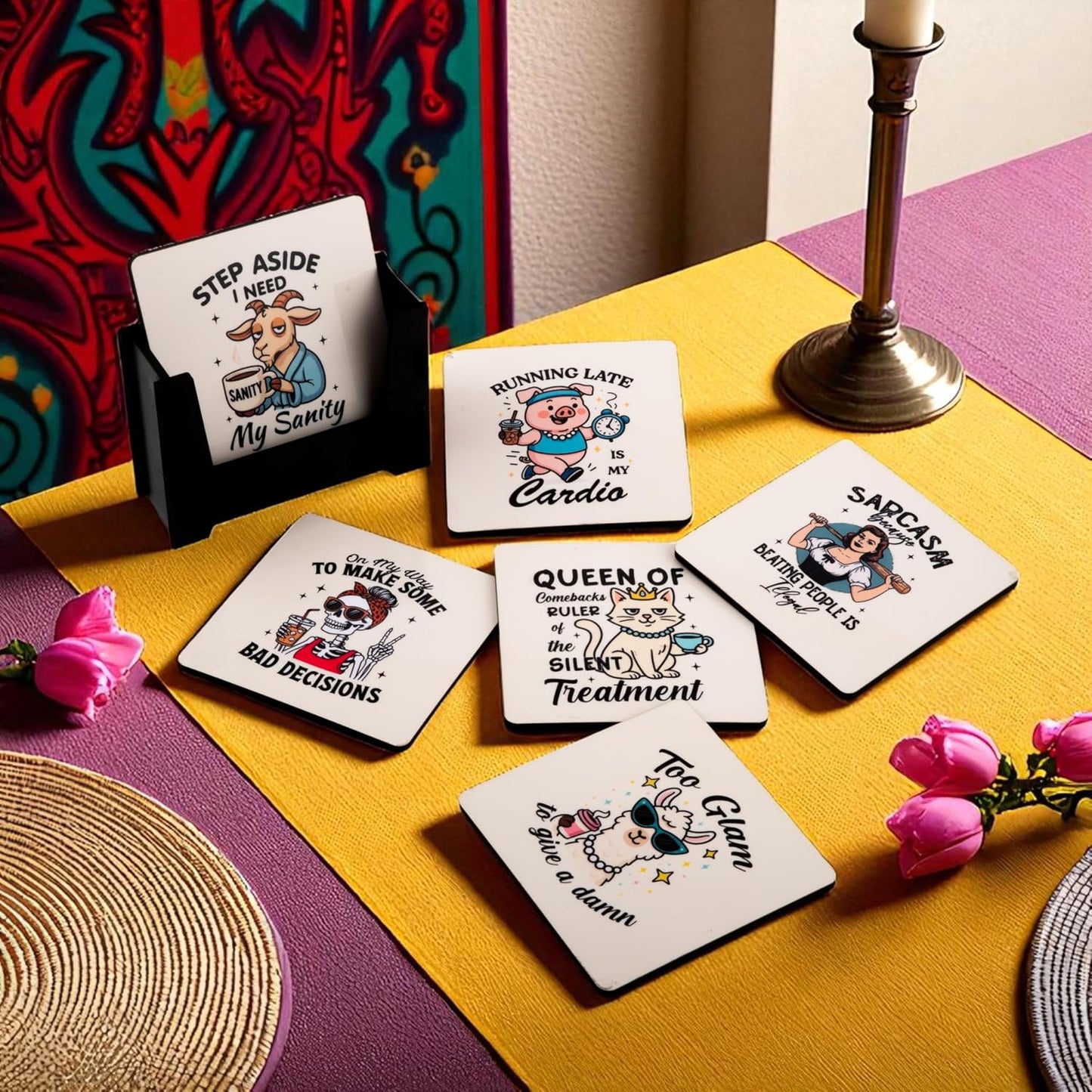Ramkudi Jhamkudi Wooden Coasters Set of 6 with Sarcastic & Quirky Quotes – Printed Coaster Set with Holder – Funky Home & Office Decor – Eco-Friendly, Made in India, Gift-Ready