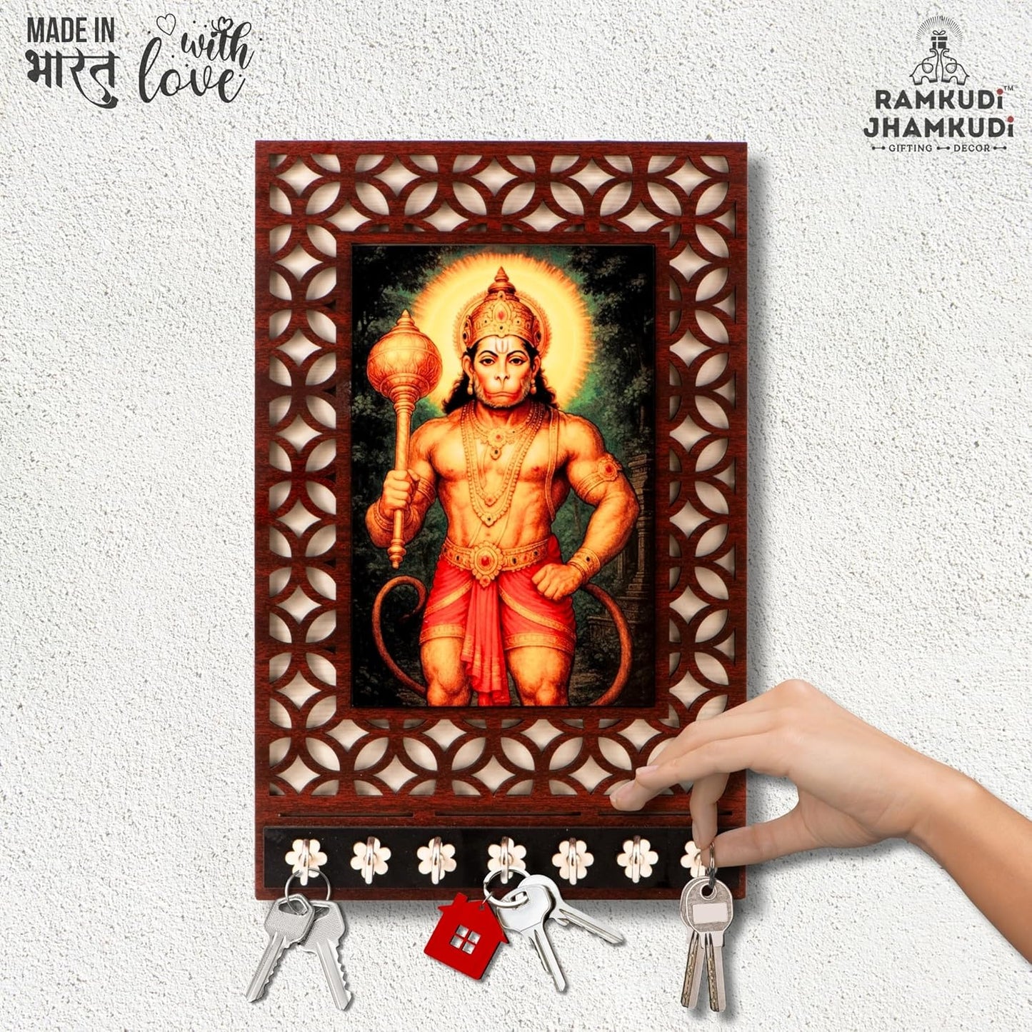 Ramkudi Jhamkudi™ Premium Wooden Lord Hanuman Key Holder for Wall – 2 Layer MDF, 7 Stainless Steel Hooks, Unique Indian Design, Home Decor & Gifting – Made in India