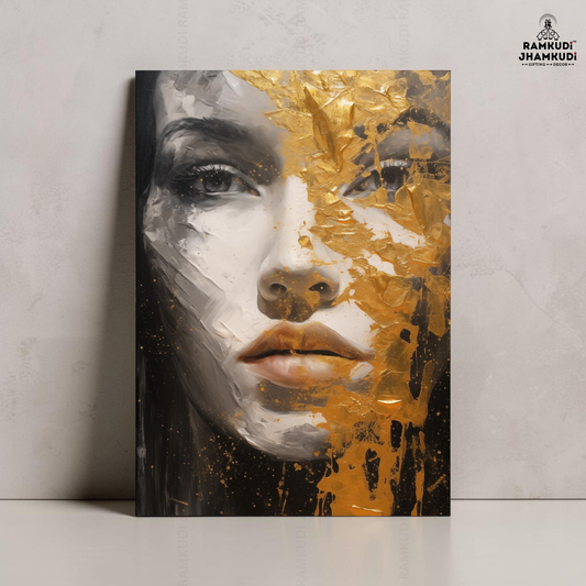 Gold Abstract Woman Face Wall Art | Modern Portrait Wall Decor | Black & Gold Aesthetic Wall Painting India | Made in India by Ramkudi Jhamkudi