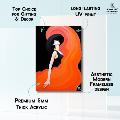 Flame Elegance Lady Acrylic Wall Art – UV Printed Glossy Wall Decor | Modern Fashion Illustration | Luxury Gifting India | Ramkudi Jhamkudi ✨🎁