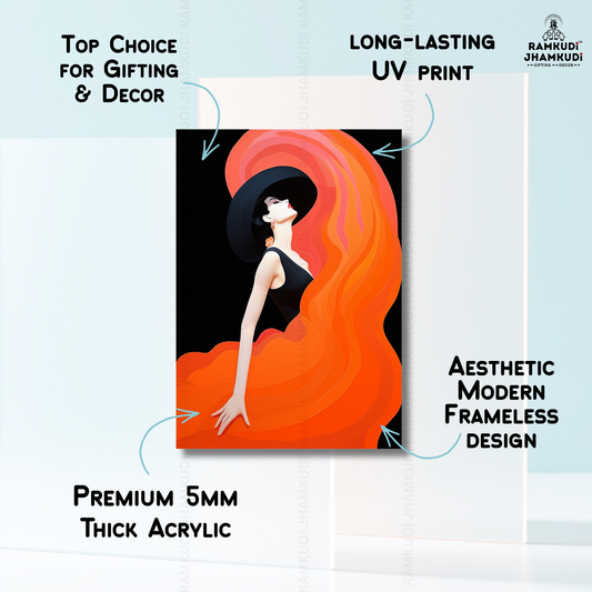 Flame Elegance Lady Acrylic Wall Art – UV Printed Glossy Wall Decor | Modern Fashion Illustration | Luxury Gifting India | Ramkudi Jhamkudi ✨🎁