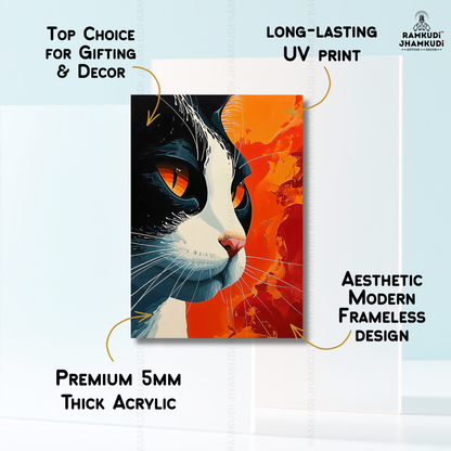 Fiery Cat Gaze Acrylic Wall Art – Premium 5MM UV Printed Glossy Wall Decor | Luxury Gifting India | Ramkudi Jhamkudi 🎨✨