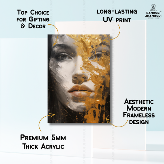 Gold Abstract Woman Face Wall Art | Modern Portrait Wall Decor | Black & Gold Aesthetic Wall Painting India | Made in India by Ramkudi Jhamkudi