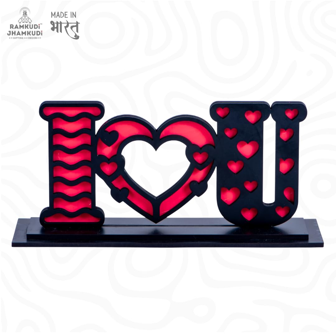 I Love You Tabletop Standy | Dual Layered Engineered MDF Decorative Showpiece | Romantic Heart Letter Desk & Table Decor | Gift for Valentine, Anniversary & Birthday