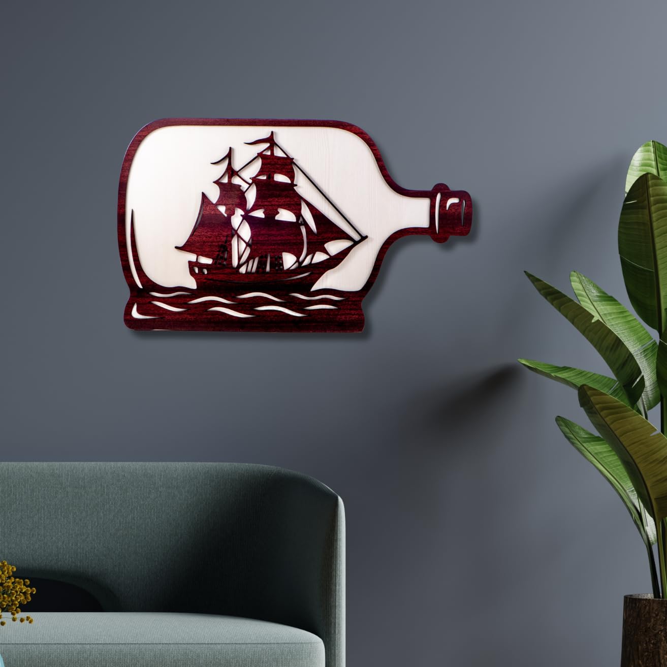 Ramkudi Jhamkudi™ Ship in Bottle Wall Art – 2 Layer Wooden MDF Nautical Decor | Vintage Ocean Theme Wall Hanging for Home, Office, Studio, Living Room | Premium Finish | Made in India