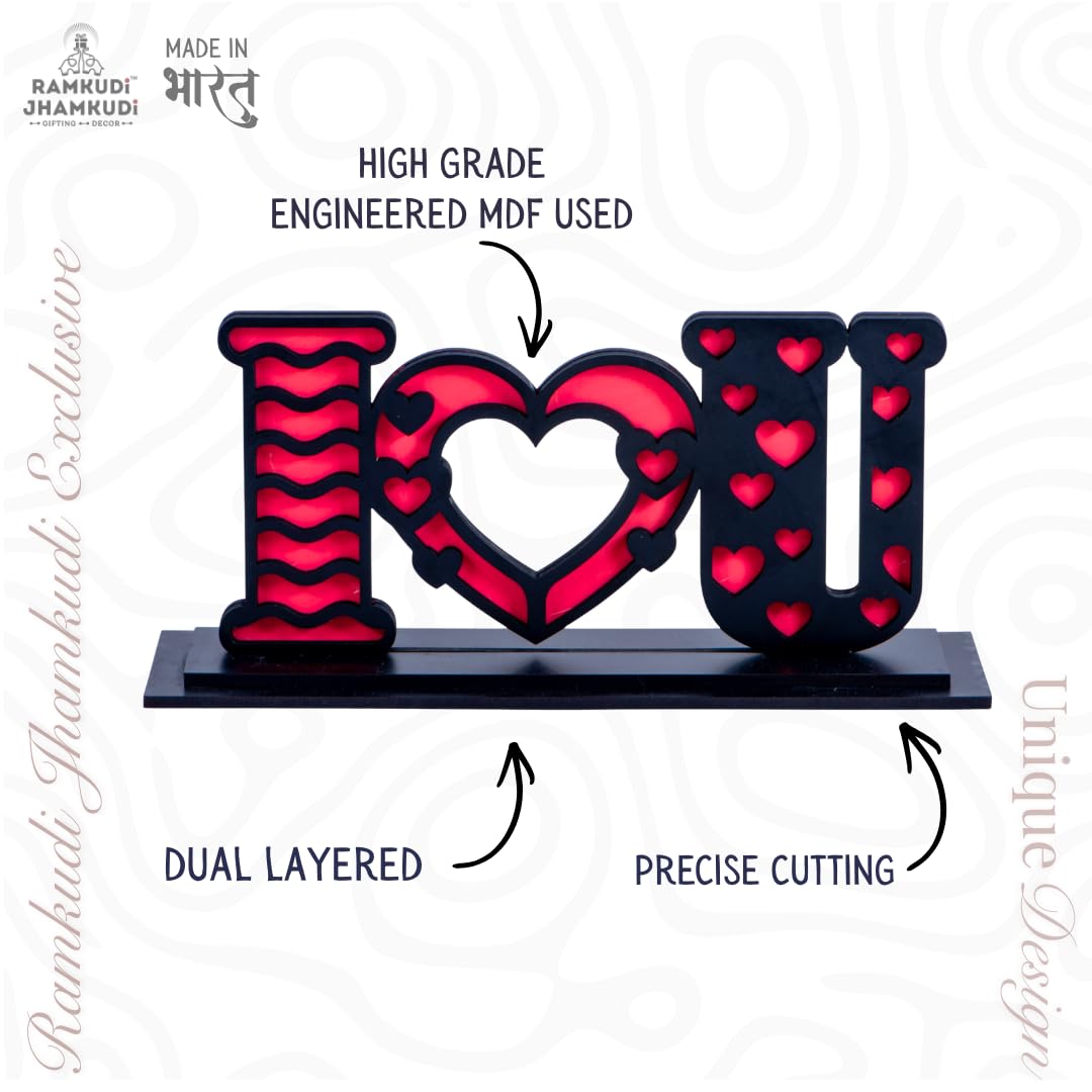 I Love You Tabletop Standy | Dual Layered Engineered MDF Decorative Showpiece | Romantic Heart Letter Desk & Table Decor | Gift for Valentine, Anniversary & Birthday