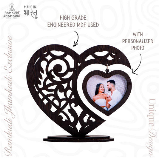 RAMKUDI JHAMKUDI™ Personalized Heart Wooden Photo Frame Showpiece with Hanging Photo | Laser Cut Design | Valentine, Anniversary & Wedding Gift for Couples