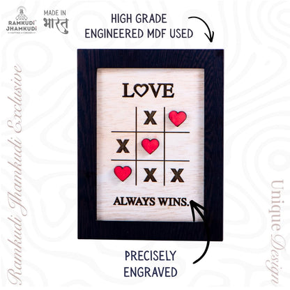 Love Always Wins Mini MDF Decor Frame | Heart & Tic-Tac-Toe Design Decorative Frame for Wall & Table | Cute Romantic Home Decor | Gift for Valentine, Anniversary, Birthday