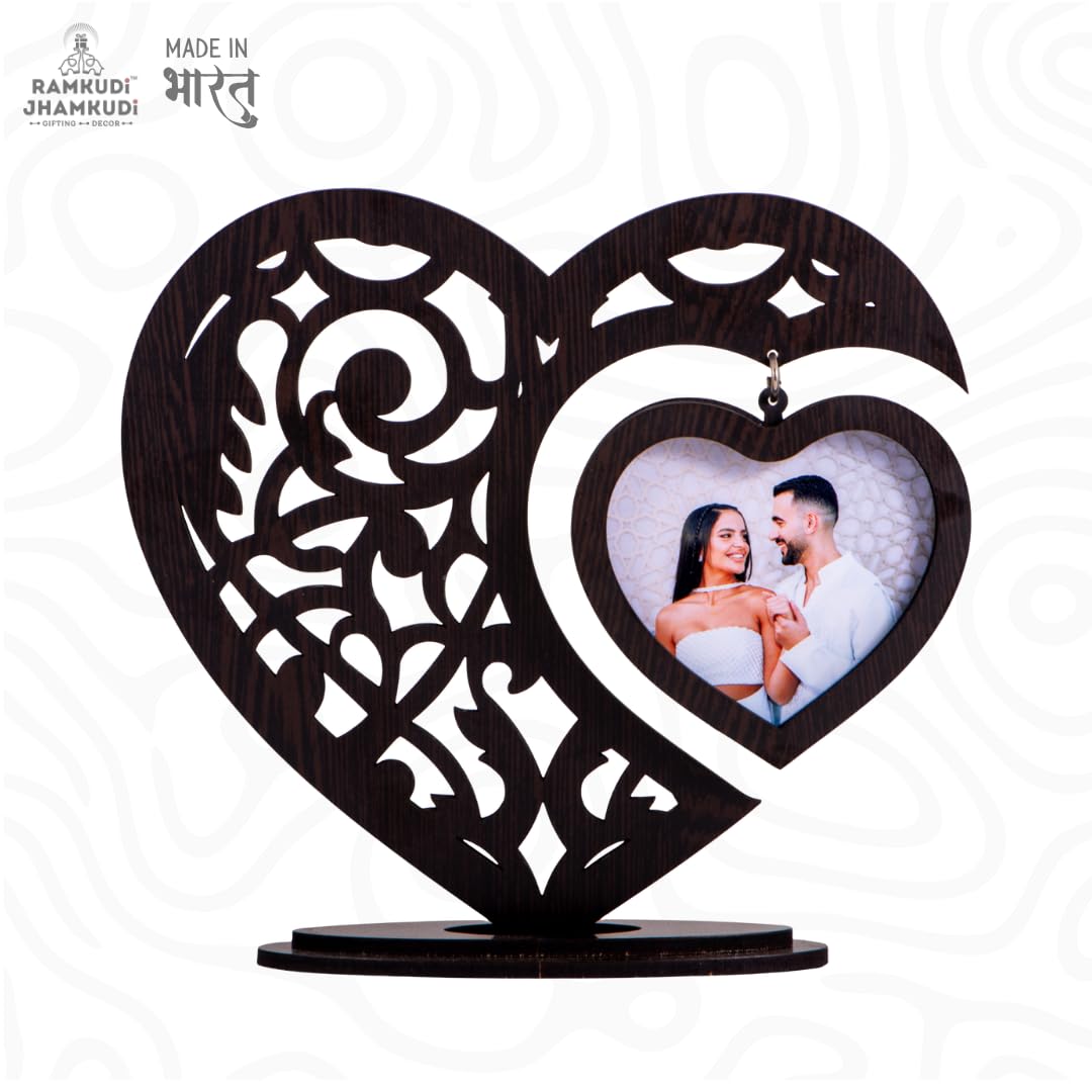 RAMKUDI JHAMKUDI™ Personalized Heart Wooden Photo Frame Showpiece with Hanging Photo | Laser Cut Design | Valentine, Anniversary & Wedding Gift for Couples