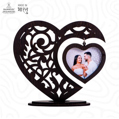 RAMKUDI JHAMKUDI™ Personalized Heart Wooden Photo Frame Showpiece with Hanging Photo | Laser Cut Design | Valentine, Anniversary & Wedding Gift for Couples