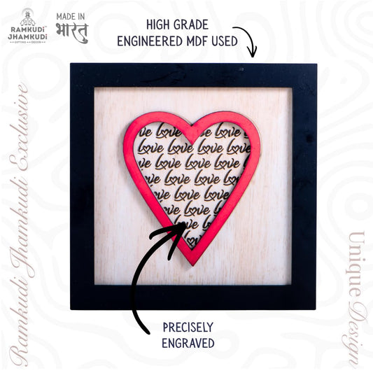 Mini Wooden Love Frame | Heart Engraved MDF Wall & Table Decor | Cute Romantic Mini Frame Showpiece | Gift for Valentine, Anniversary, Birthday, Couple