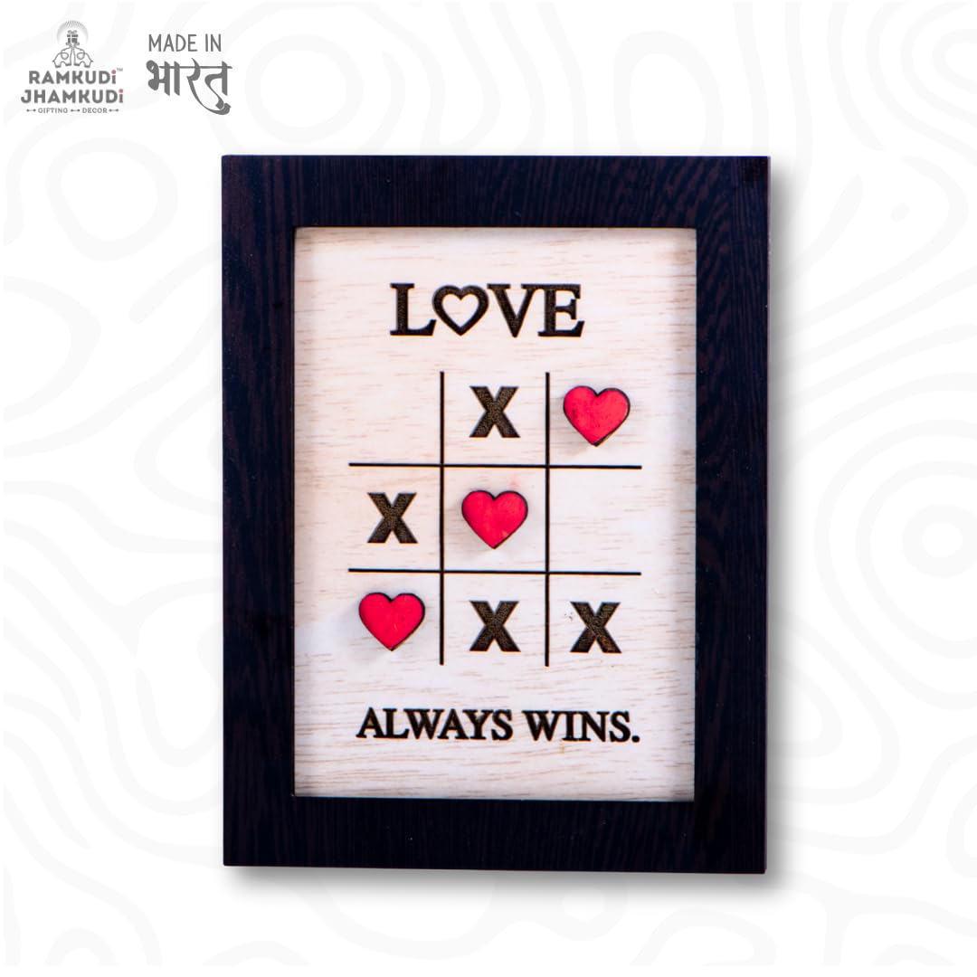 Love Always Wins Mini MDF Decor Frame | Heart & Tic-Tac-Toe Design Decorative Frame for Wall & Table | Cute Romantic Home Decor | Gift for Valentine, Anniversary, Birthday