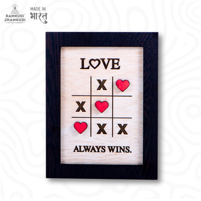 Love Always Wins Mini MDF Decor Frame | Heart & Tic-Tac-Toe Design Decorative Frame for Wall & Table | Cute Romantic Home Decor | Gift for Valentine, Anniversary, Birthday