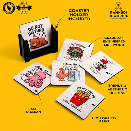 Ramkudi Jhamkudi Wooden Coasters Set of 6 with Sarcastic & Quirky Quotes – Bold & Fun Printed Coaster Set with Holder – Eco-Friendly, Made in India – Great for Gifting & Desk Decor